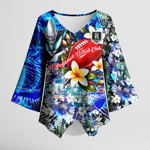 Personalized Port Adelaide Football Power Kimono Sleeve Blouse Tropical Hibiscus Flowers - Pacific Fusion Style