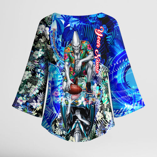 Personalized Port Adelaide Football Power Kimono Sleeve Blouse Tropical Hibiscus Flowers - Pacific Fusion Style
