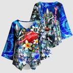 Personalized Port Adelaide Football Power Kimono Sleeve Blouse Tropical Hibiscus Flowers - Pacific Fusion Style