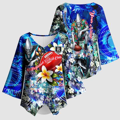 Personalized Port Adelaide Football Power Kimono Sleeve Blouse Tropical Hibiscus Flowers - Pacific Fusion Style