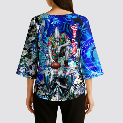 Personalized Port Adelaide Football Power Kimono Sleeve Blouse Tropical Hibiscus Flowers - Pacific Fusion Style