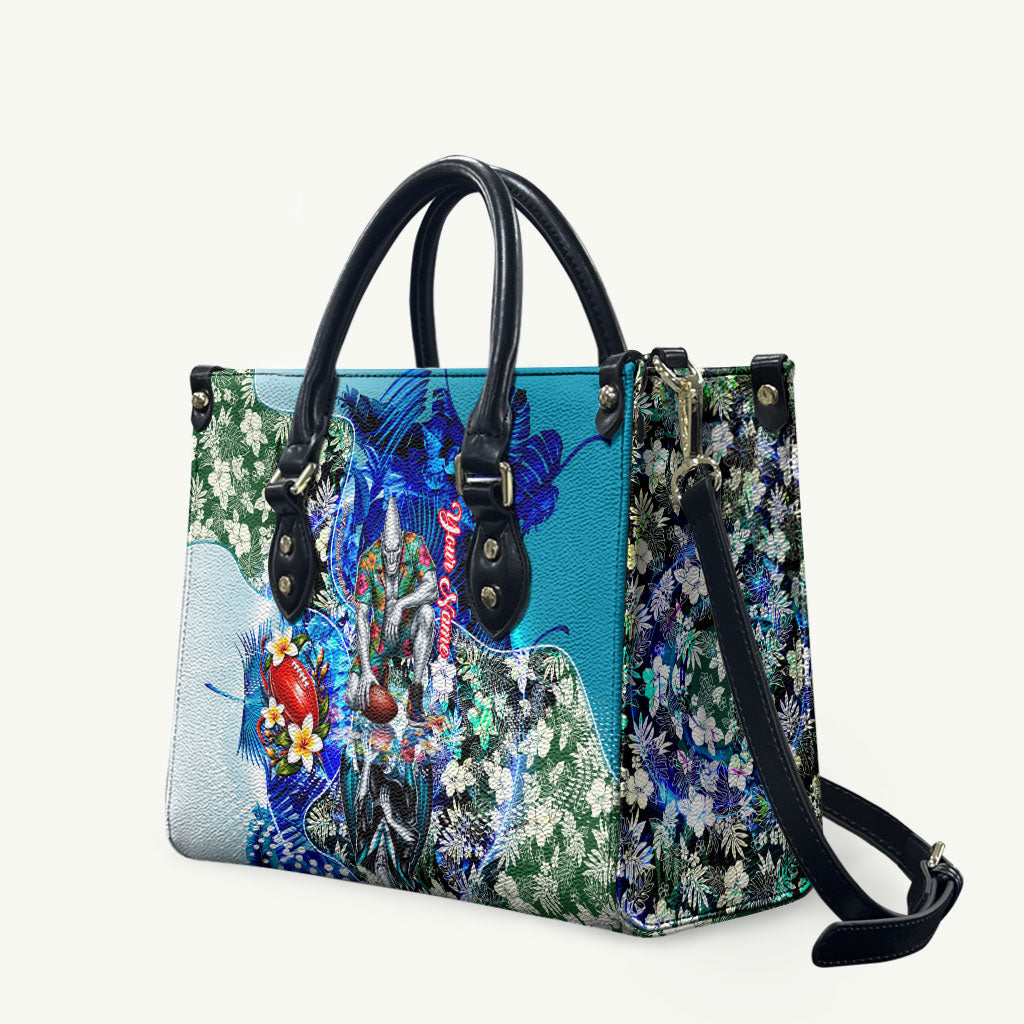 Personalized Port Adelaide Football Power Leather Bag Tropical Hibiscus Flowers - Pacific Fusion Style