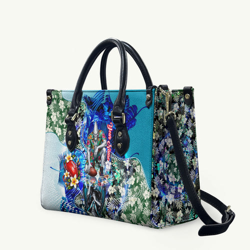 Personalized Port Adelaide Football Power Leather Bag Tropical Hibiscus Flowers - Pacific Fusion Style