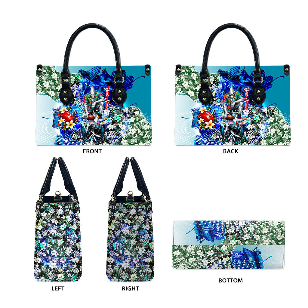 Personalized Port Adelaide Football Power Leather Bag Tropical Hibiscus Flowers - Pacific Fusion Style
