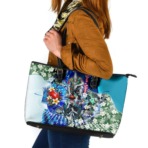 Personalized Port Adelaide Football Power Leather Tote Bag Tropical Hibiscus Flowers - Pacific Fusion Style
