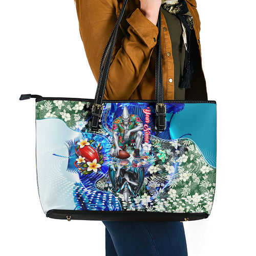 Personalized Port Adelaide Football Power Leather Tote Bag Tropical Hibiscus Flowers - Pacific Fusion Style