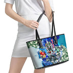 Personalized Port Adelaide Football Power Leather Tote Bag Tropical Hibiscus Flowers - Pacific Fusion Style