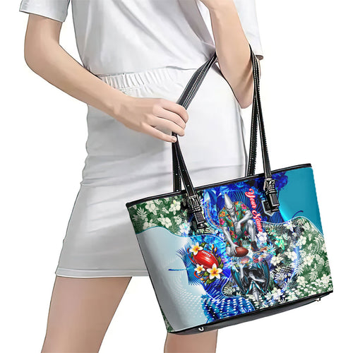 Personalized Port Adelaide Football Power Leather Tote Bag Tropical Hibiscus Flowers - Pacific Fusion Style