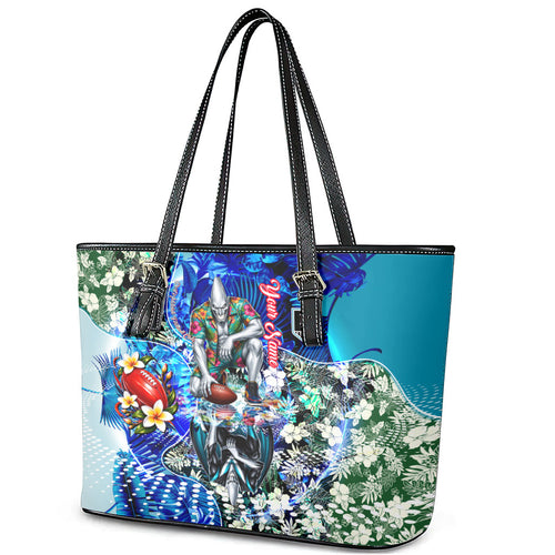 Personalized Port Adelaide Football Power Leather Tote Bag Tropical Hibiscus Flowers - Pacific Fusion Style