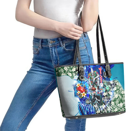 Personalized Port Adelaide Football Power Leather Tote Bag Tropical Hibiscus Flowers - Pacific Fusion Style