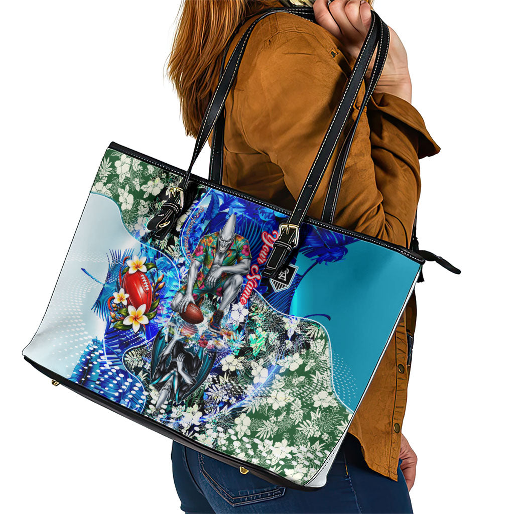 Personalized Port Adelaide Football Power Leather Tote Bag Tropical Hibiscus Flowers - Pacific Fusion Style