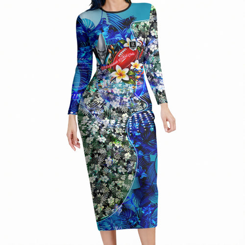 Personalized Port Adelaide Football Power Long Sleeve Bodycon Dress Tropical Hibiscus Flowers - Pacific Fusion Style