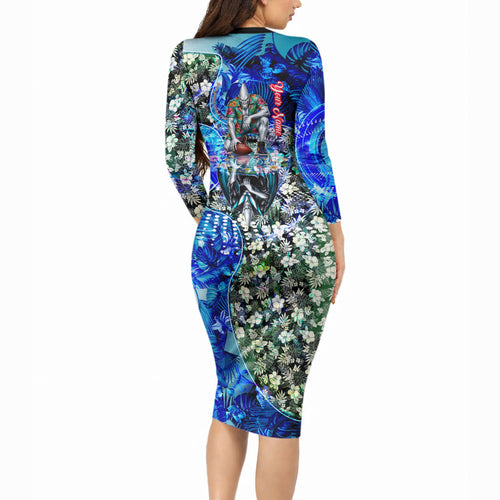 Personalized Port Adelaide Football Power Long Sleeve Bodycon Dress Tropical Hibiscus Flowers - Pacific Fusion Style