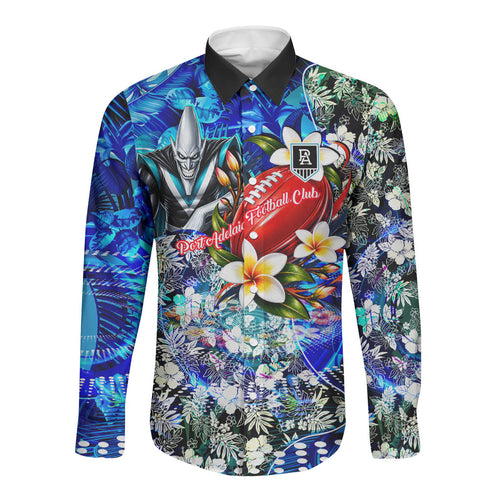 Personalized Port Adelaide Football Power Long Sleeve Button Shirt Tropical Hibiscus Flowers - Pacific Fusion Style