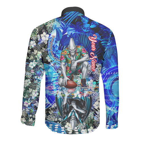 Personalized Port Adelaide Football Power Long Sleeve Button Shirt Tropical Hibiscus Flowers - Pacific Fusion Style