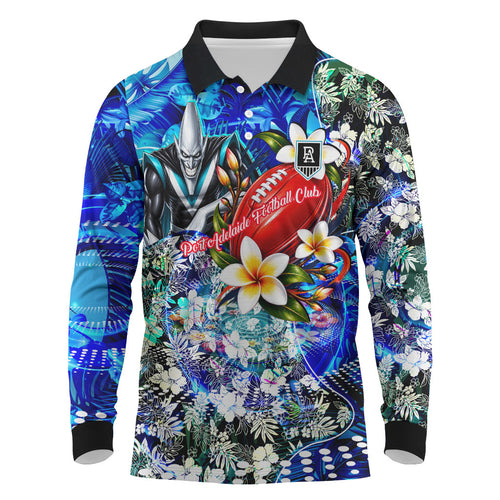 Personalized Port Adelaide Football Power Long Sleeve Polo Shirt Tropical Hibiscus Flowers - Pacific Fusion Style