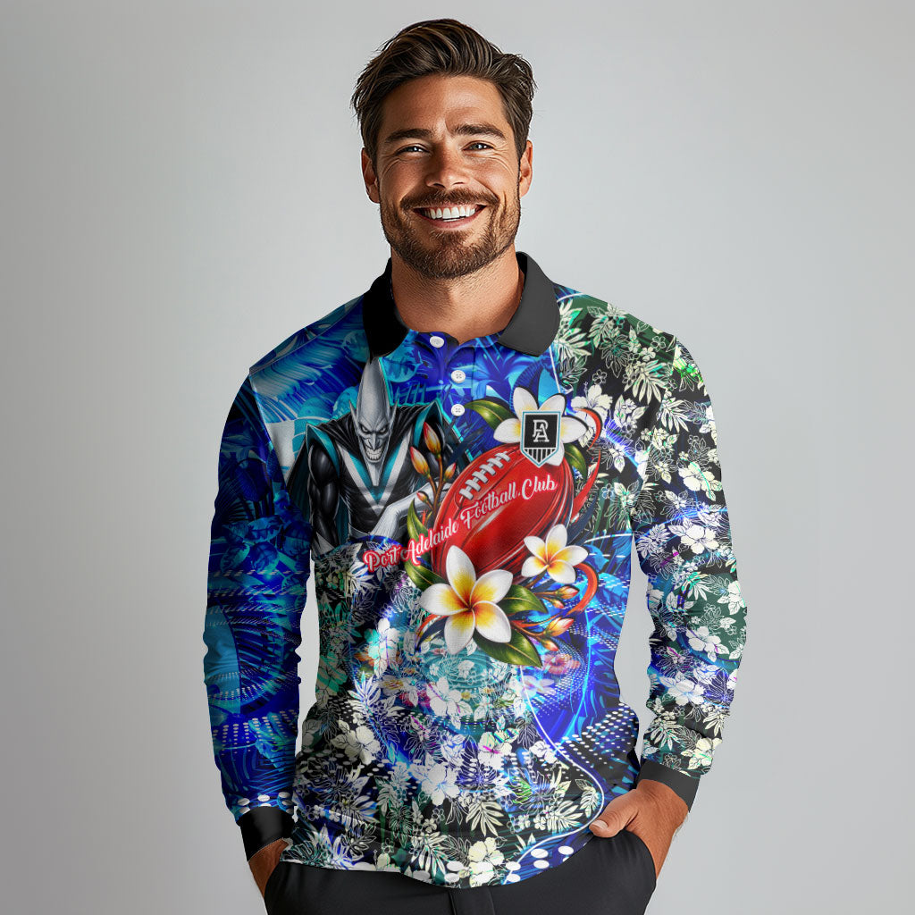 Personalized Port Adelaide Football Power Long Sleeve Polo Shirt Tropical Hibiscus Flowers - Pacific Fusion Style