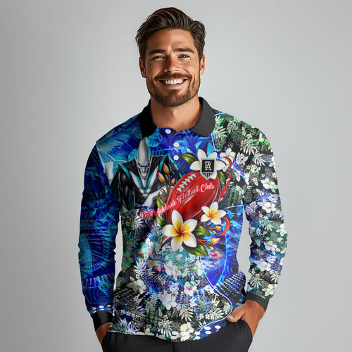 Personalized Port Adelaide Football Power Long Sleeve Polo Shirt Tropical Hibiscus Flowers - Pacific Fusion Style