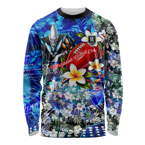 Personalized Port Adelaide Football Power Long Sleeve Shirt Tropical Hibiscus Flowers - Pacific Fusion Style