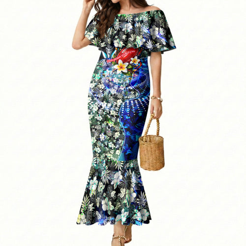 Personalized Port Adelaide Football Power Mermaid Dress Tropical Hibiscus Flowers - Pacific Fusion Style