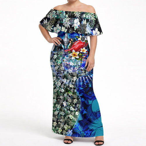 Personalized Port Adelaide Football Power Off Shoulder Maxi Dress Tropical Hibiscus Flowers - Pacific Fusion Style