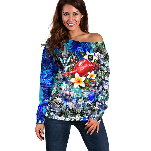 Personalized Port Adelaide Football Power Off Shoulder Sweater Tropical Hibiscus Flowers - Pacific Fusion Style