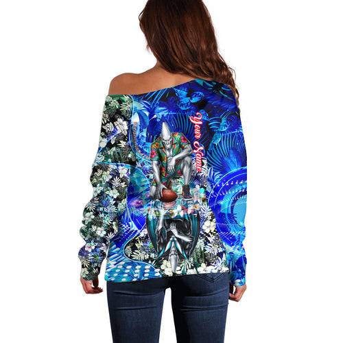 Personalized Port Adelaide Football Power Off Shoulder Sweater Tropical Hibiscus Flowers - Pacific Fusion Style