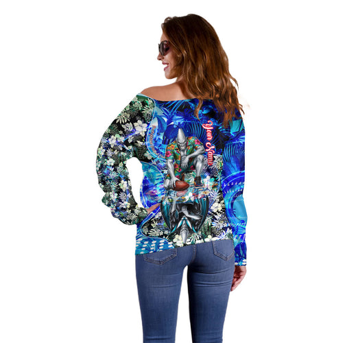 Personalized Port Adelaide Football Power Off Shoulder Sweater Tropical Hibiscus Flowers - Pacific Fusion Style