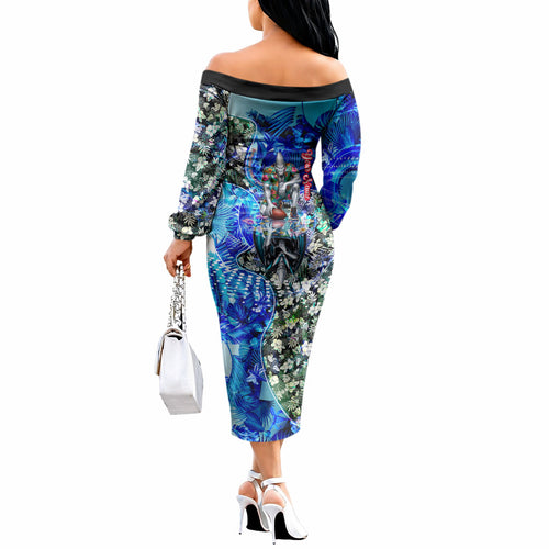 Personalized Port Adelaide Football Power Off The Shoulder Long Sleeve Dress Tropical Hibiscus Flowers - Pacific Fusion Style