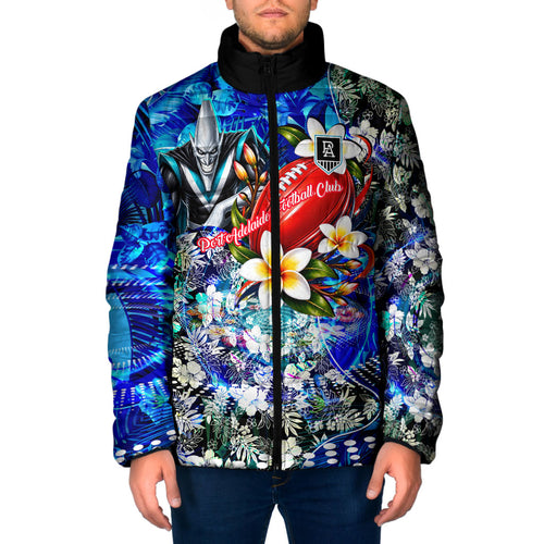 Personalized Port Adelaide Football Power Padded Jacket Tropical Hibiscus Flowers - Pacific Fusion Style
