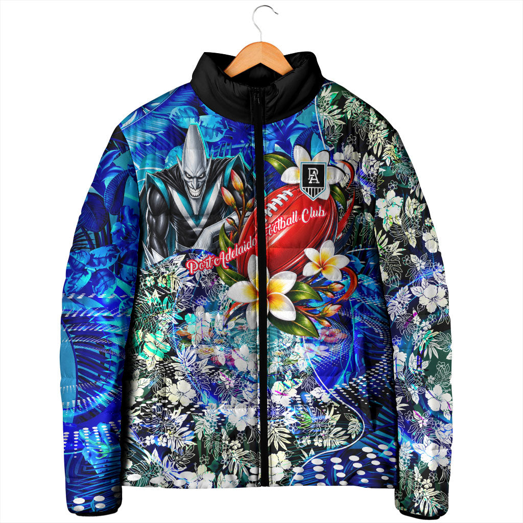 Personalized Port Adelaide Football Power Padded Jacket Tropical Hibiscus Flowers - Pacific Fusion Style