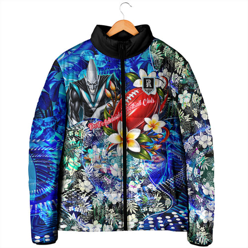 Personalized Port Adelaide Football Power Padded Jacket Tropical Hibiscus Flowers - Pacific Fusion Style