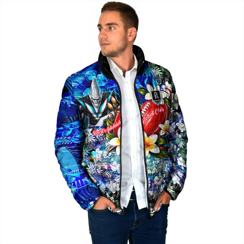 Personalized Port Adelaide Football Power Padded Jacket Tropical Hibiscus Flowers - Pacific Fusion Style