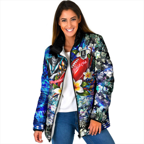 Personalized Port Adelaide Football Power Padded Jacket Tropical Hibiscus Flowers - Pacific Fusion Style