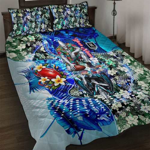 Personalized Port Adelaide Football Power Quilt Bed Set Tropical Hibiscus Flowers - Pacific Fusion Style