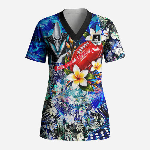 Personalized Port Adelaide Football Power Scrub Top Tropical Hibiscus Flowers - Pacific Fusion Style