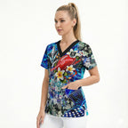 Personalized Port Adelaide Football Power Scrub Top Tropical Hibiscus Flowers - Pacific Fusion Style