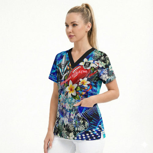 Personalized Port Adelaide Football Power Scrub Top Tropical Hibiscus Flowers - Pacific Fusion Style