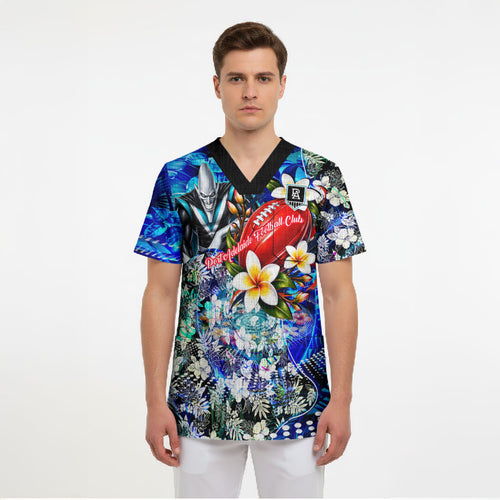 Personalized Port Adelaide Football Power Scrub Top Tropical Hibiscus Flowers - Pacific Fusion Style