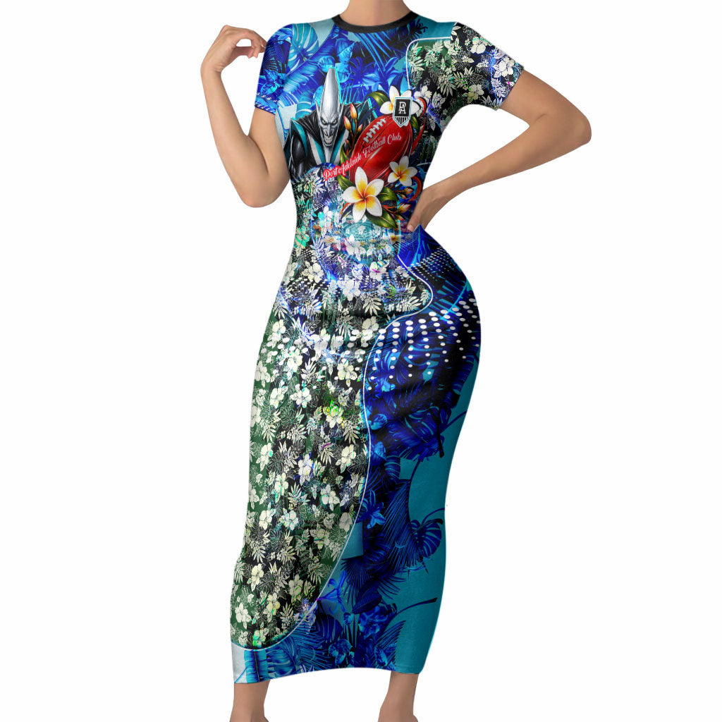 Personalized Port Adelaide Football Power Short Sleeve Bodycon Dress Tropical Hibiscus Flowers - Pacific Fusion Style