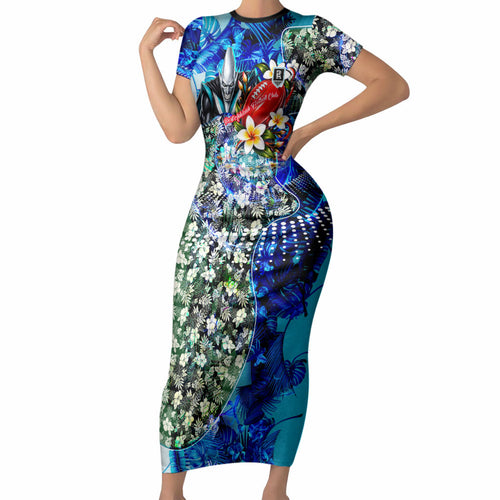 Personalized Port Adelaide Football Power Short Sleeve Bodycon Dress Tropical Hibiscus Flowers - Pacific Fusion Style