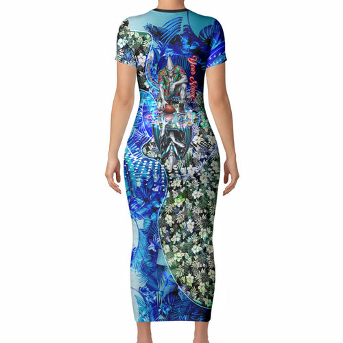 Personalized Port Adelaide Football Power Short Sleeve Bodycon Dress Tropical Hibiscus Flowers - Pacific Fusion Style