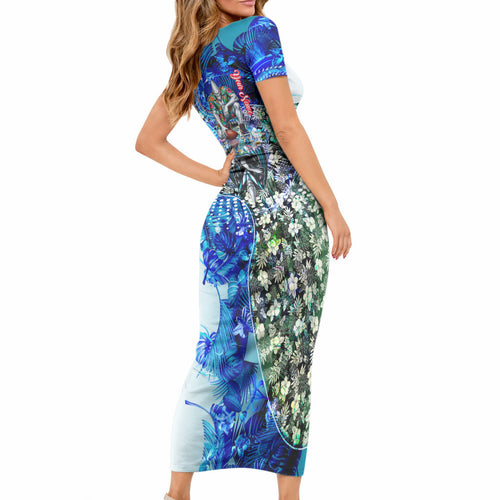 Personalized Port Adelaide Football Power Short Sleeve Bodycon Dress Tropical Hibiscus Flowers - Pacific Fusion Style