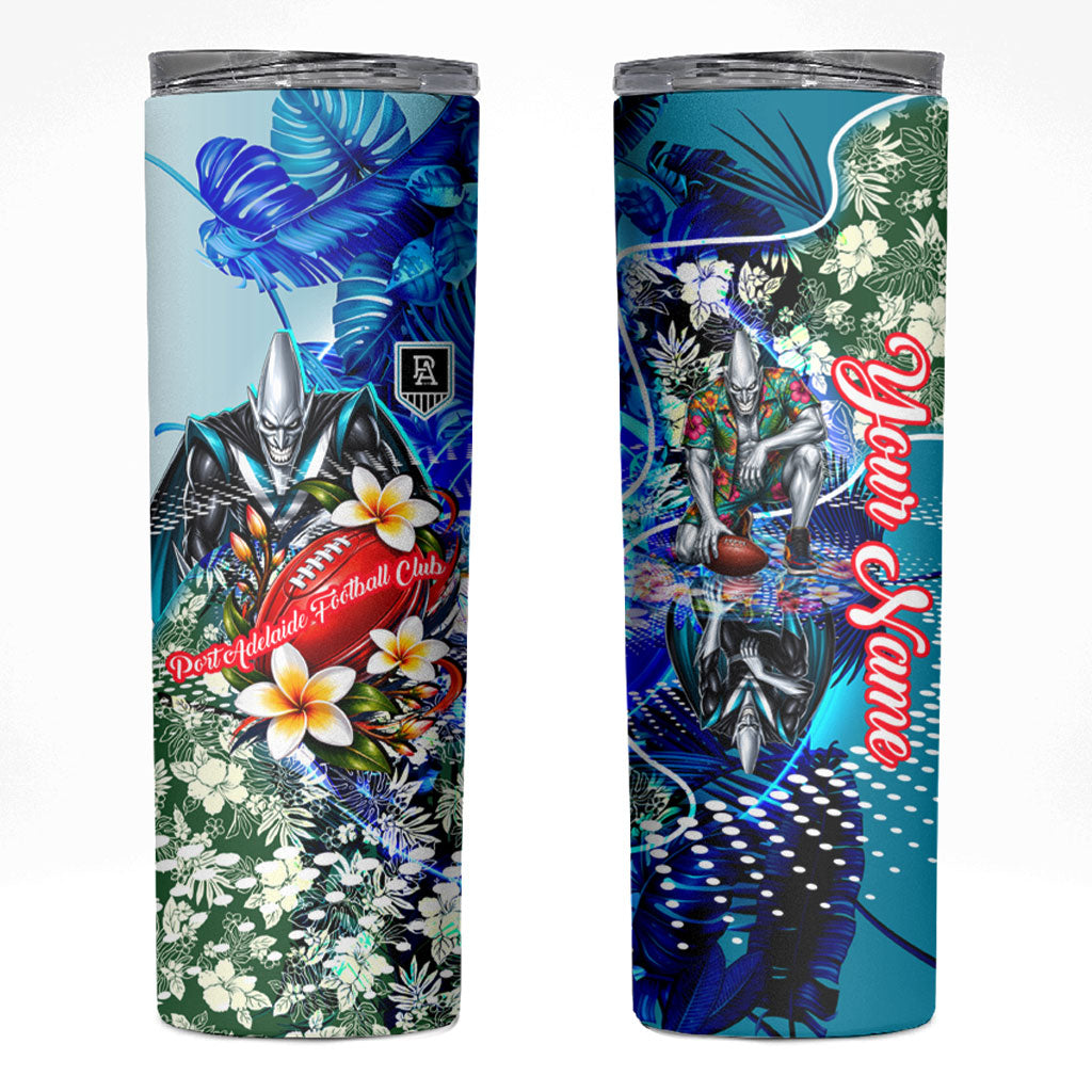 Personalized Port Adelaide Football Power Skinny Tumbler Tropical Hibiscus Flowers - Pacific Fusion Style