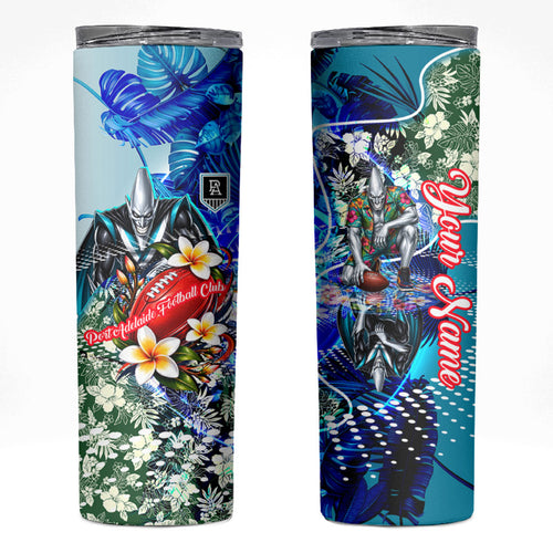 Personalized Port Adelaide Football Power Skinny Tumbler Tropical Hibiscus Flowers - Pacific Fusion Style