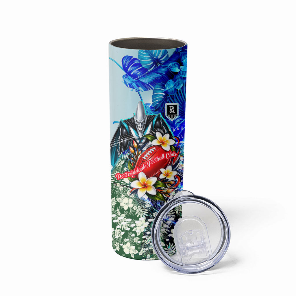 Personalized Port Adelaide Football Power Skinny Tumbler Tropical Hibiscus Flowers - Pacific Fusion Style