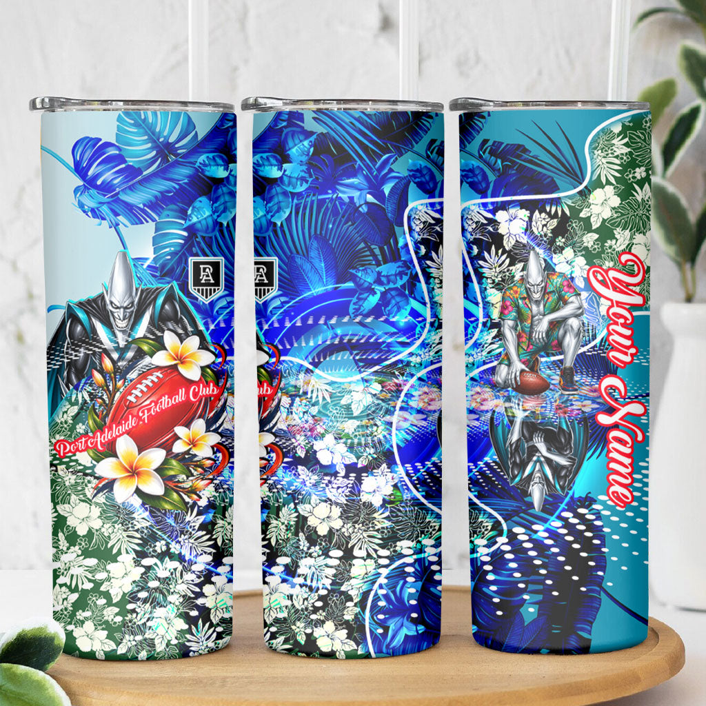 Personalized Port Adelaide Football Power Skinny Tumbler Tropical Hibiscus Flowers - Pacific Fusion Style