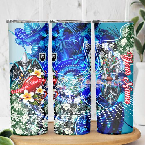 Personalized Port Adelaide Football Power Skinny Tumbler Tropical Hibiscus Flowers - Pacific Fusion Style