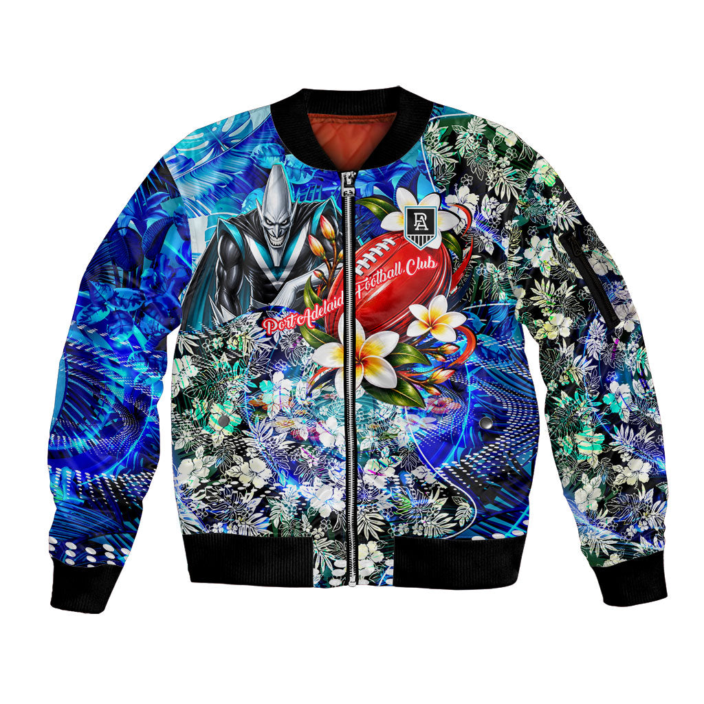 Personalized Port Adelaide Football Power Sleeve Zip Bomber Jacket Tropical Hibiscus Flowers - Pacific Fusion Style