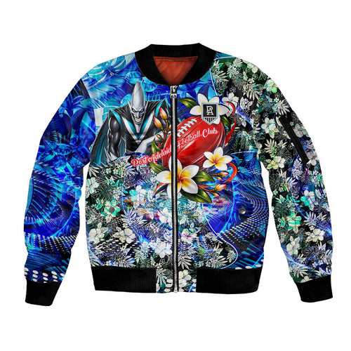 Personalized Port Adelaide Football Power Sleeve Zip Bomber Jacket Tropical Hibiscus Flowers - Pacific Fusion Style